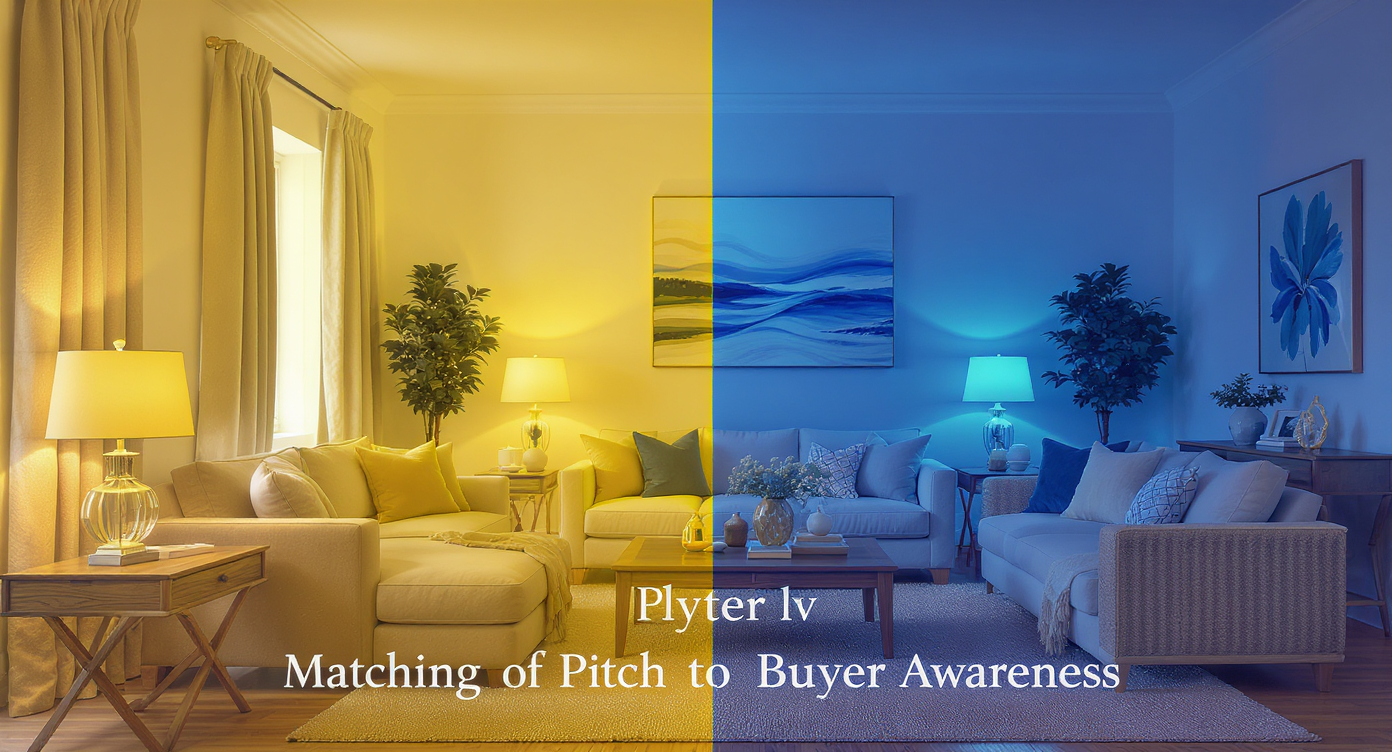 Styled living room with color-coded lighting representing buyer awareness levels, natural wood and beige textiles create warmth.