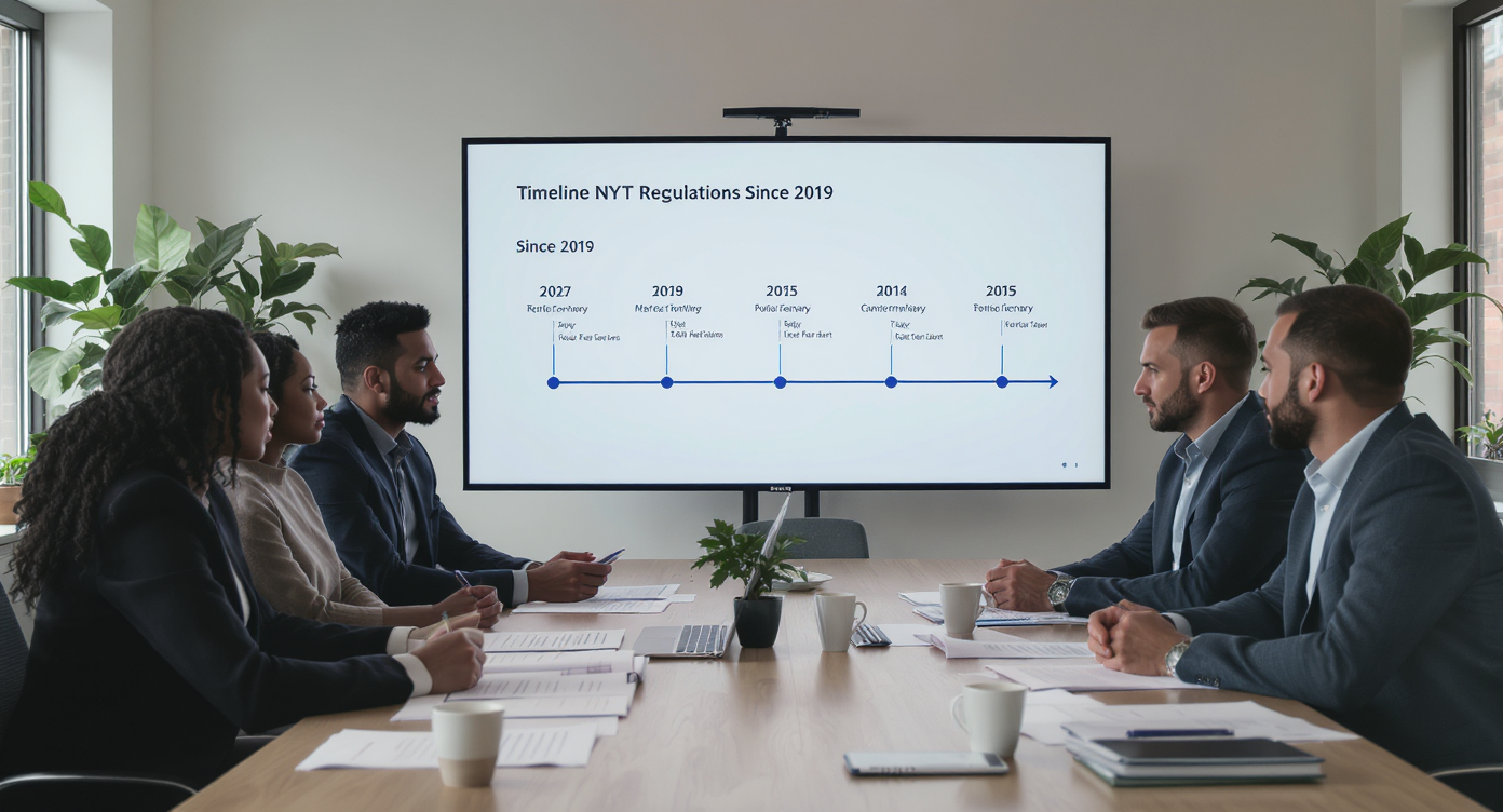Group of renters and agents reviewing NYC rental rules timeline in bright modern office with greenery.