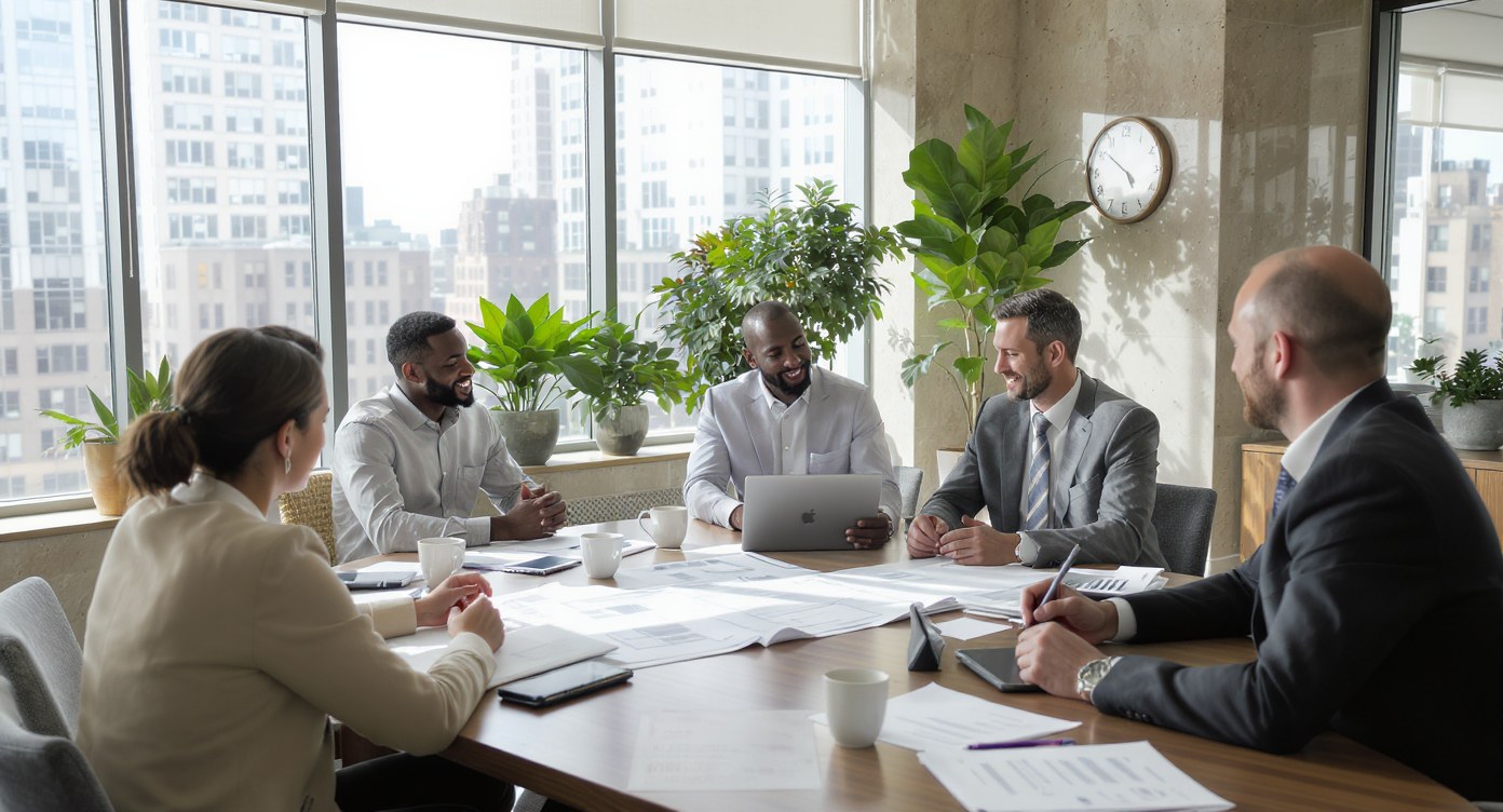 Renters, landlords, and agents collaborate around table with plans in bright NYC office with cityscape views.