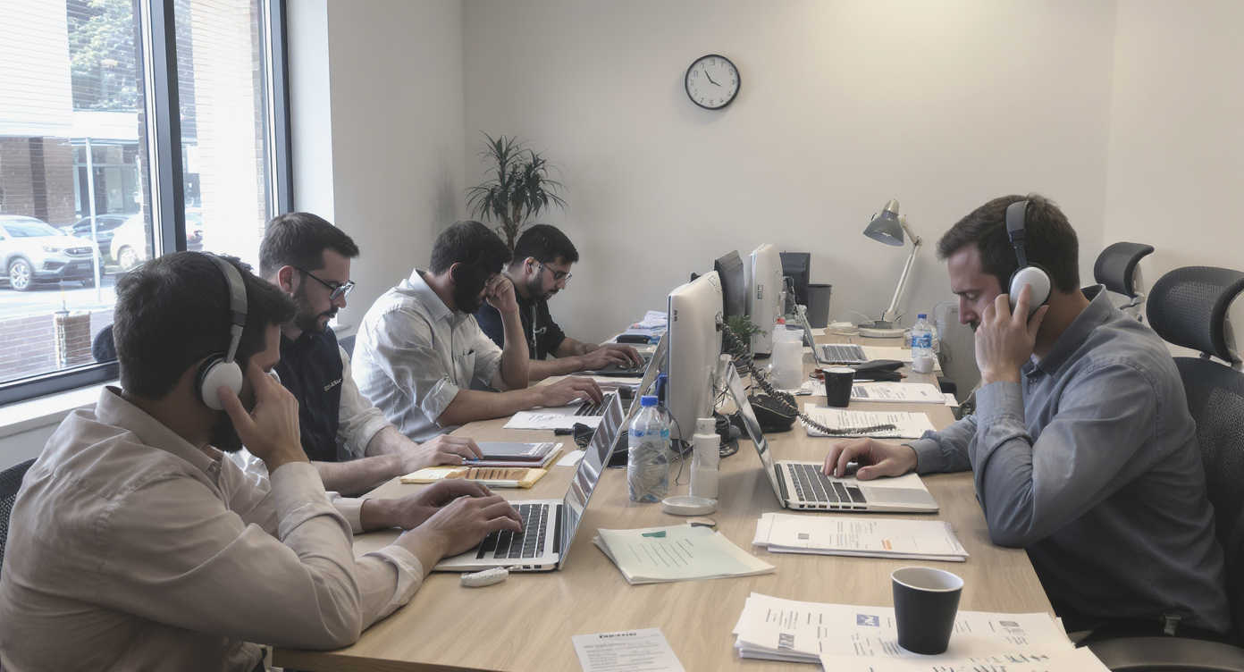 Busy NYC rental office with stressed agents juggling calls and paperwork under time pressure and training gaps.