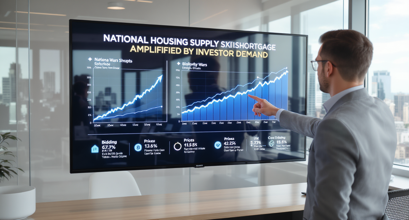 Modern real estate office with agent pointing to graphs showing housing scarcity and investor demand effects.