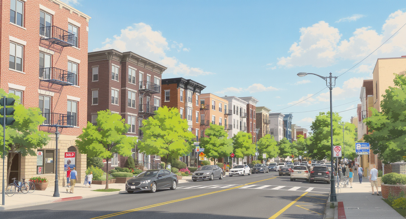Mixed urban neighborhood with various homes and apartments under clear sky, showing residents in daily life.