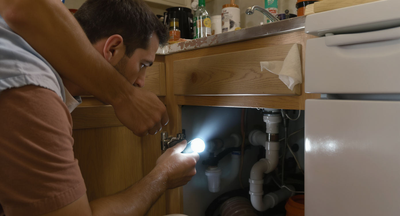 Home inspector checks plumbing under kitchen sink as homeowner watches in softly lit modern kitchen.