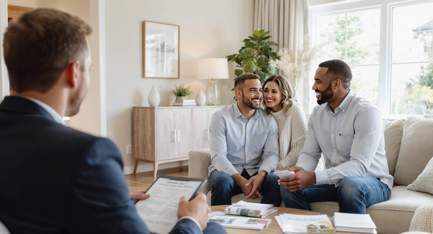 Couple and real estate agent in a bright, modern living room reviewing inspection and market documents.