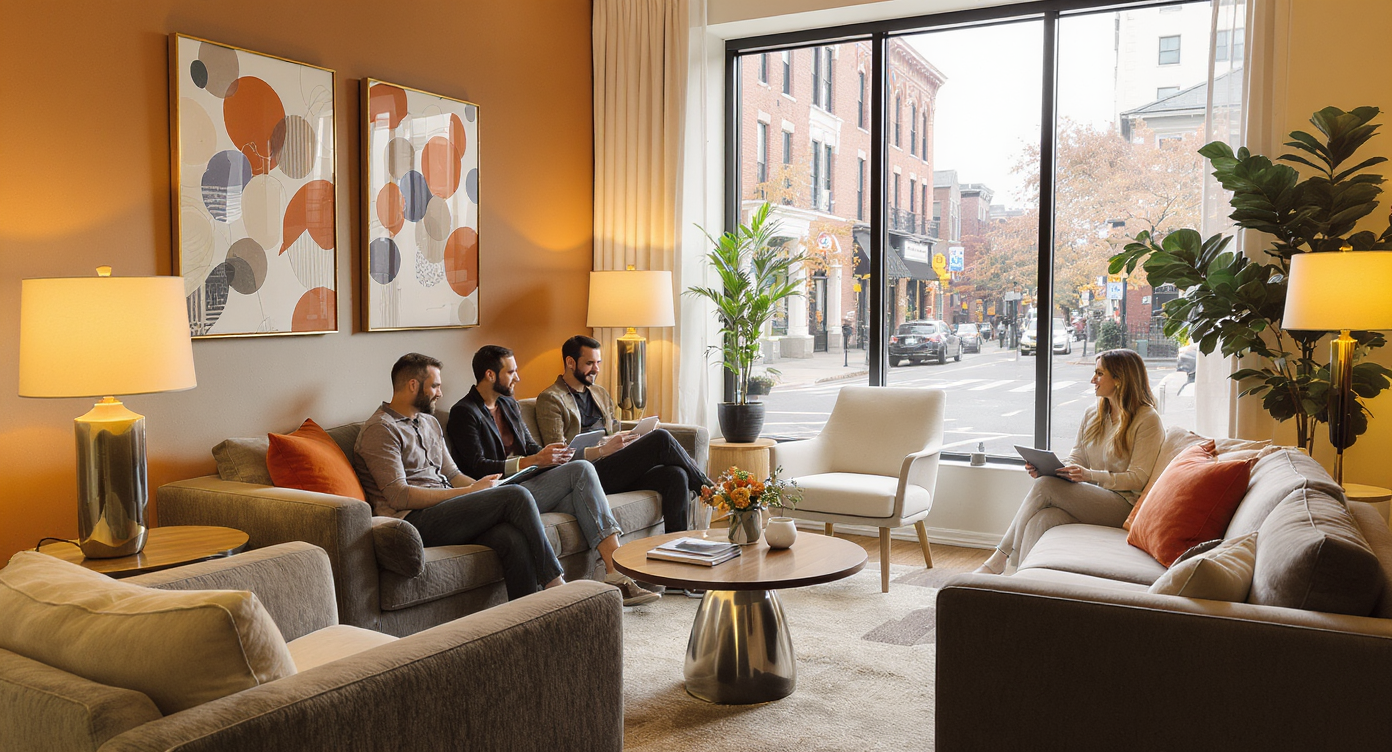 Brokerage lounge with agents conversing on sofas under warm light, tablets in hand, urban view outside windows.