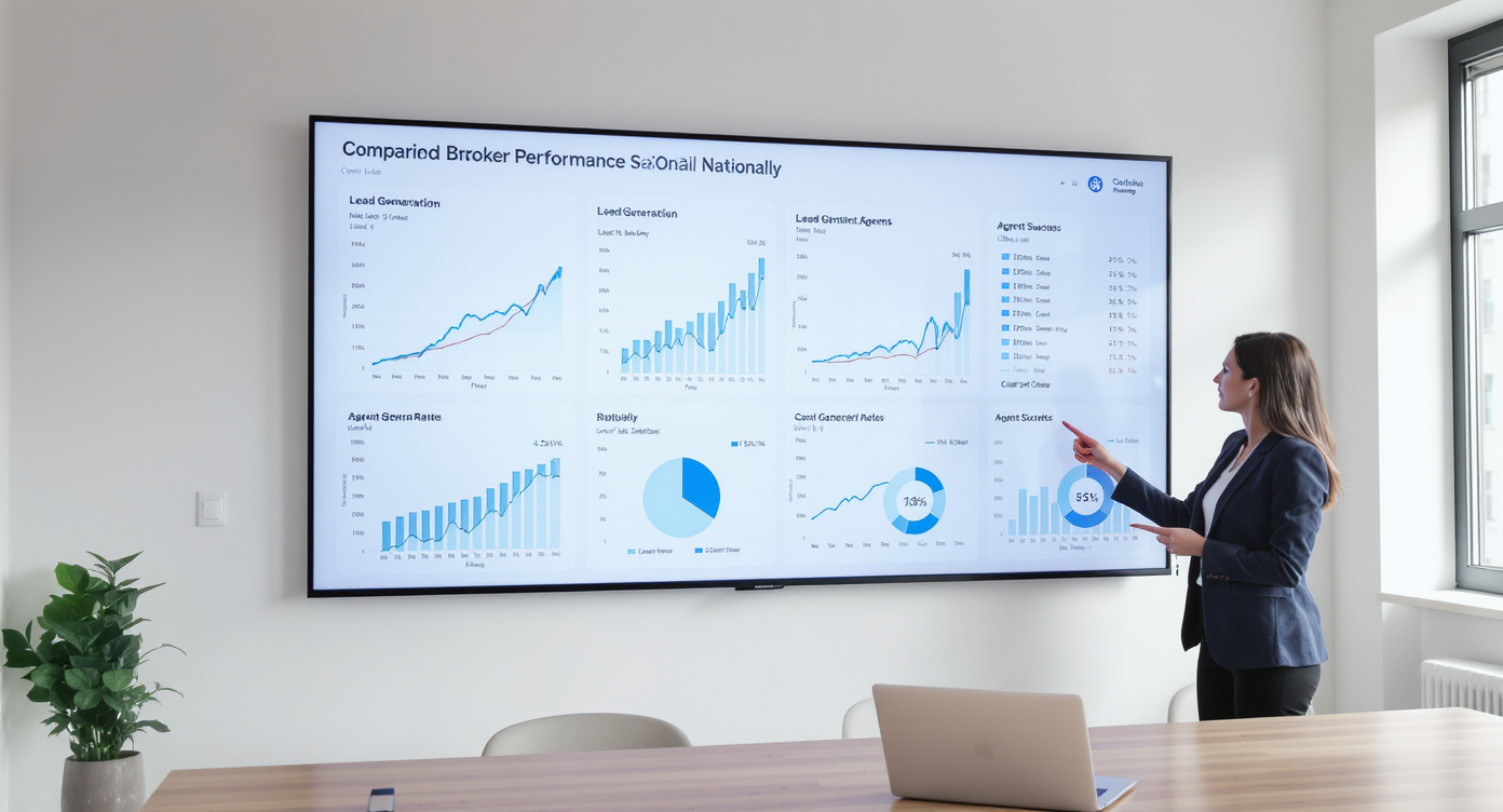 Bright office showing businesswoman pointing at data graphs of national broker model performances on large screen.