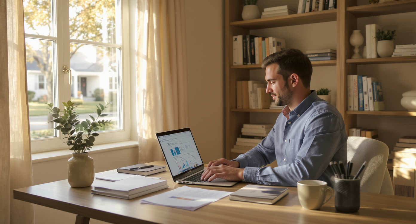 Cozy home office with a young agent using laptop and real estate materials by sunlit window.