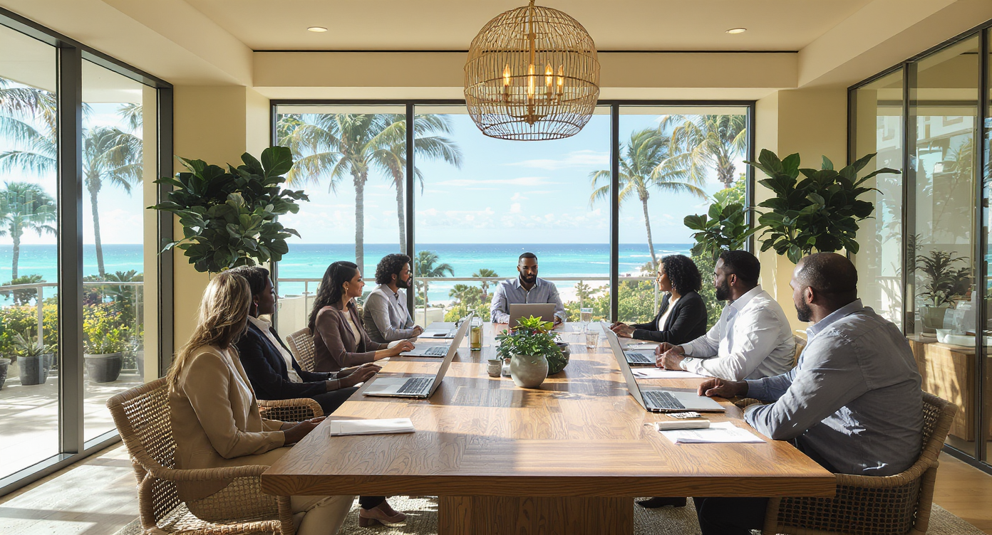Real estate team meeting in sunlit room with palm trees visible, discussing regional market reports at oak table.