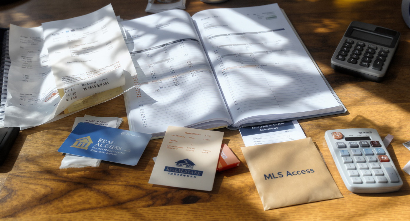 Close-up of a calendar, expense ledger, receipts, and real estate association cards on a wooden table near natural light.