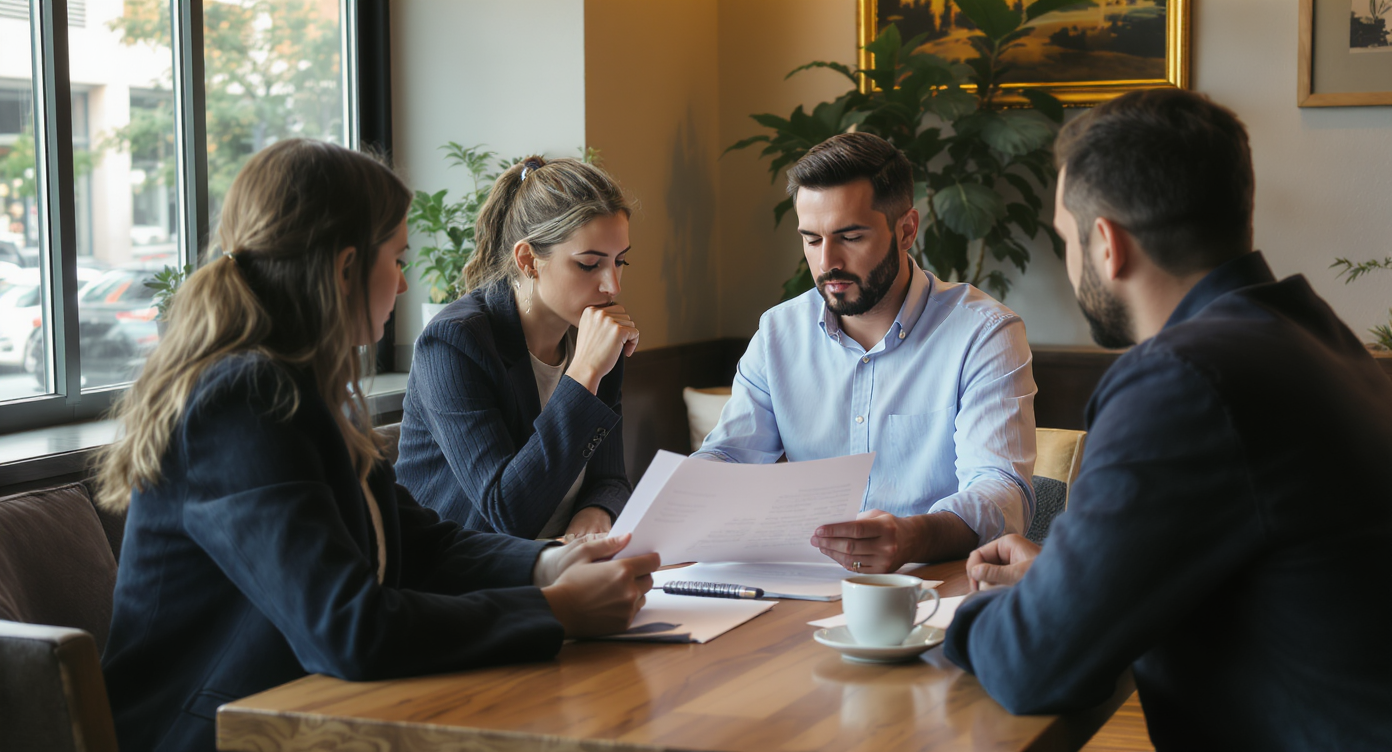 Real estate agent and clients reviewing paperwork together in a sunlit cozy cafe, showcasing deal discussions.