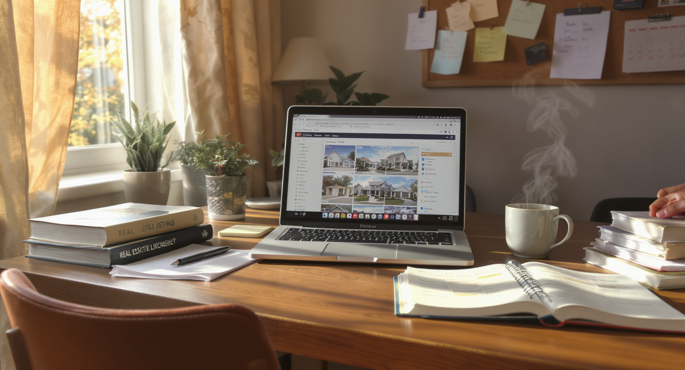 Well-lit home office desk featuring real estate books, laptop, planner, coffee cup, and bulletin board with notes and calendar.