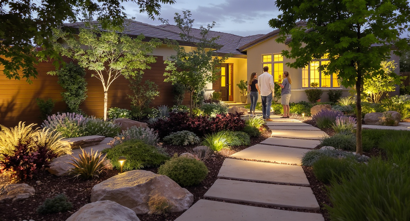 Homeowner and landscape designer converse in modern front yard featuring stone paths and layered drought-resistant plants at dusk.