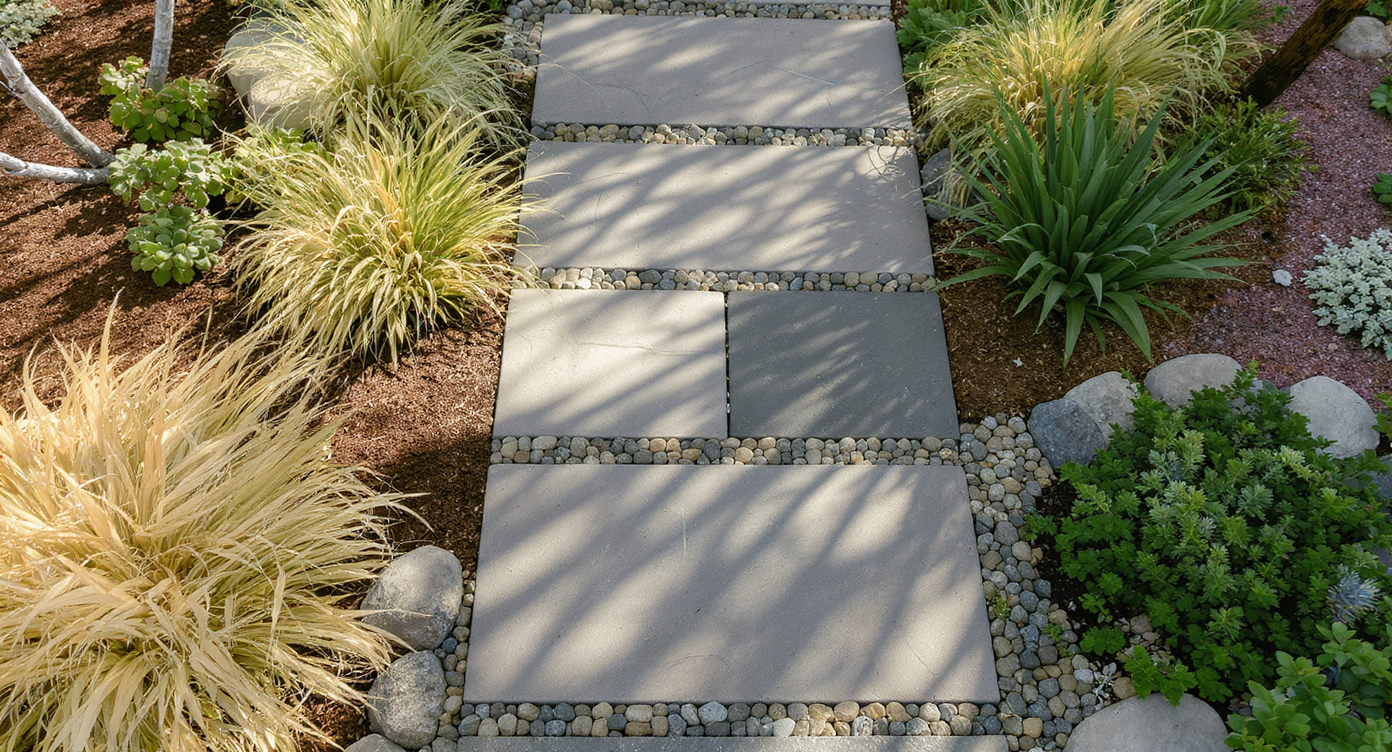 Aerial view of a wide stone paver garden path flanked by drought-resistant plants demonstrating intentional yard circulation.