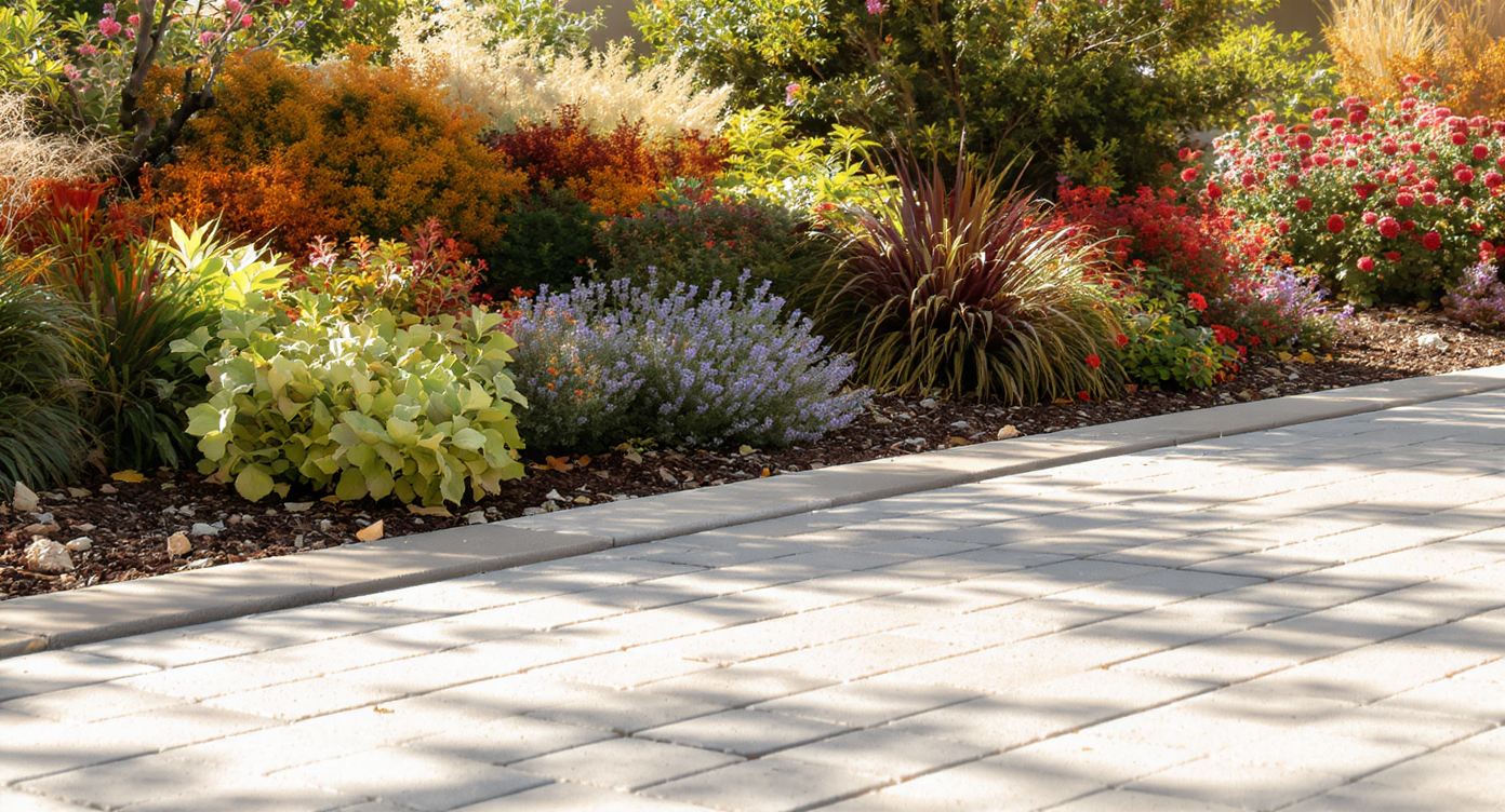 Sloped permeable paver patio beside layered drought-resistant plants under soft morning light illustrating water runoff.
