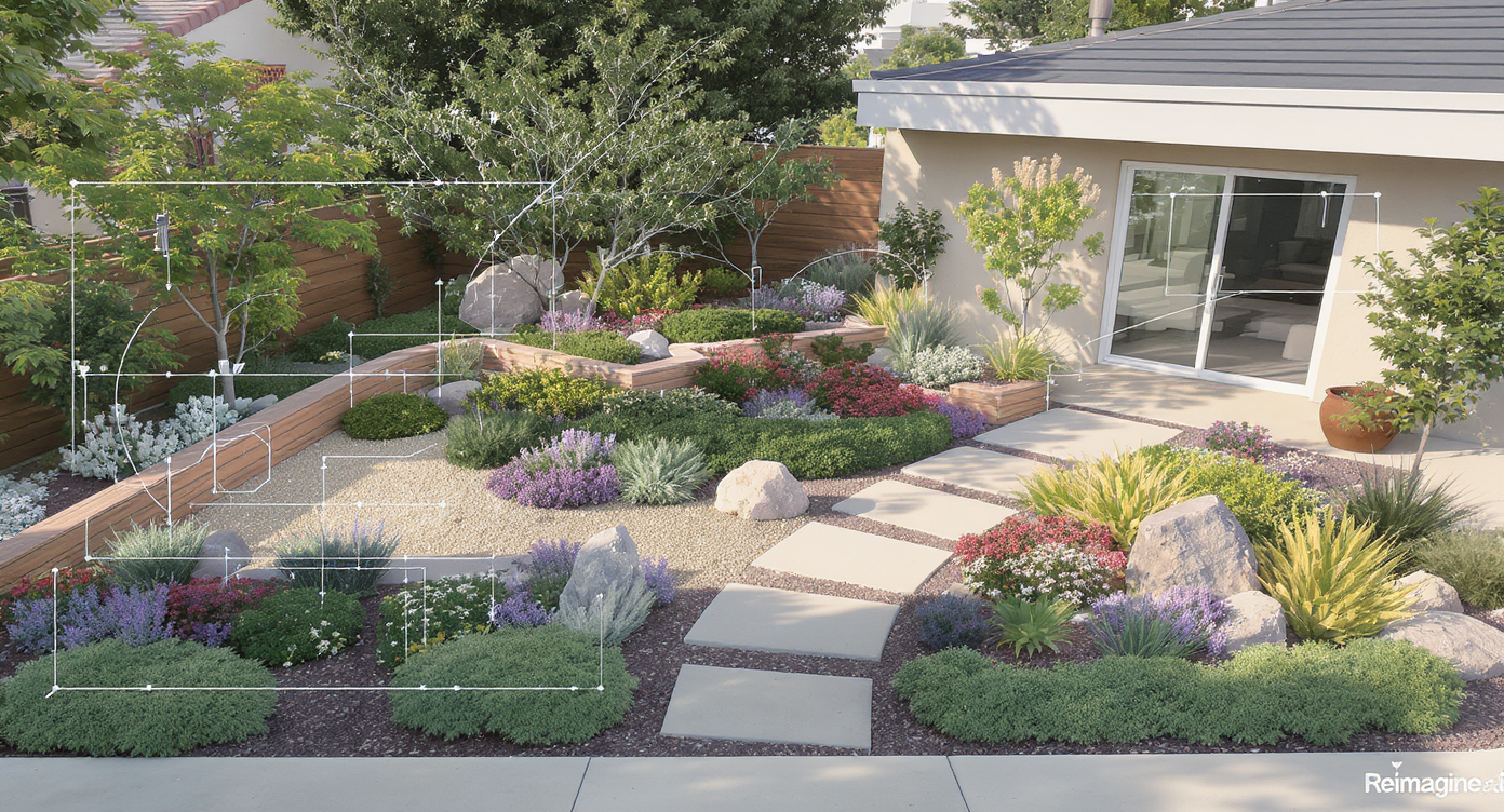 Elevated view of front yard layout with paths and drought-resistant plants spaced from house foundation, shown as AI visualization.