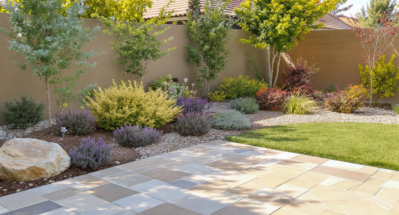 Low-maintenance yard with stone patio, gravel paths, layered drought-tolerant plants, and integrated lighting under daylight.