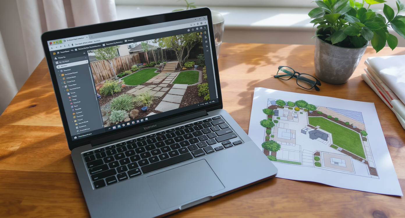 Overhead view of laptop with landscape design software open alongside printed backyard photo and design sketches on table.