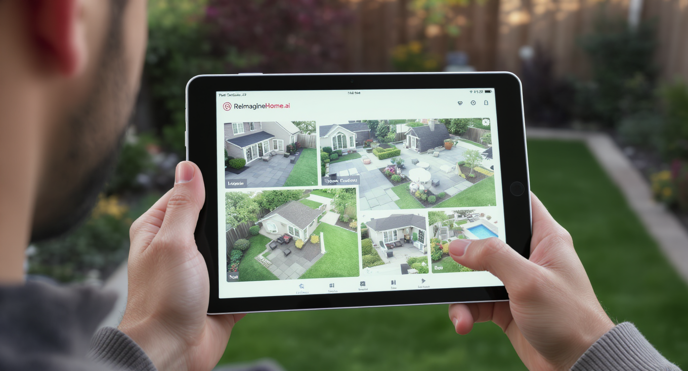 Homeowner using tablet outdoors to explore yard and patio design options from ReimagineHome.ai with real photo overlays.