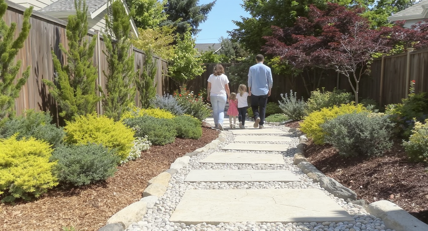 Family walking along a wide stone garden path surrounded by native plants and sloped for water drainage on a sunny day.
