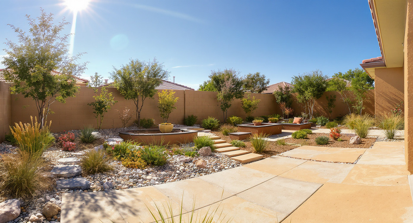 Modern backyard with concrete pavers, gravel, succulents, and dry creek bed illustrating climate-adaptive landscaping under sunlight.