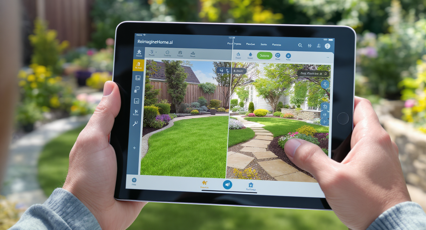 Homeowner using tablet with split-screen view showing original and digitally enhanced backyard landscape design.