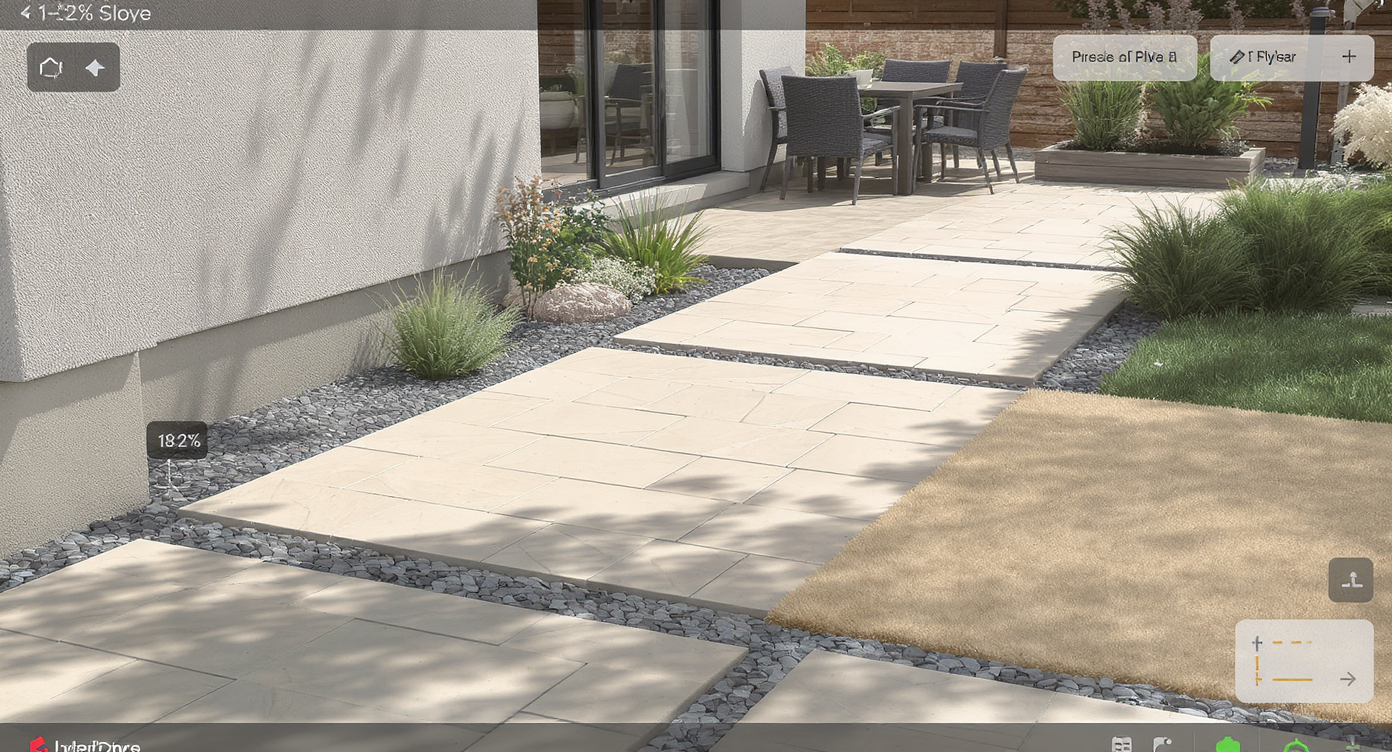 Flagstone patio with gentle slope, planter boxes near foundation, daylight revealing landscape drainage design.