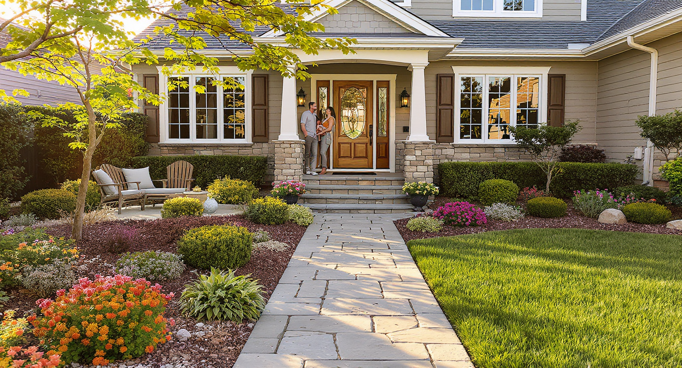 Front yard with stone pathway, flowering shrubs, seating area, homeowners admiring their yard in soft late afternoon light.