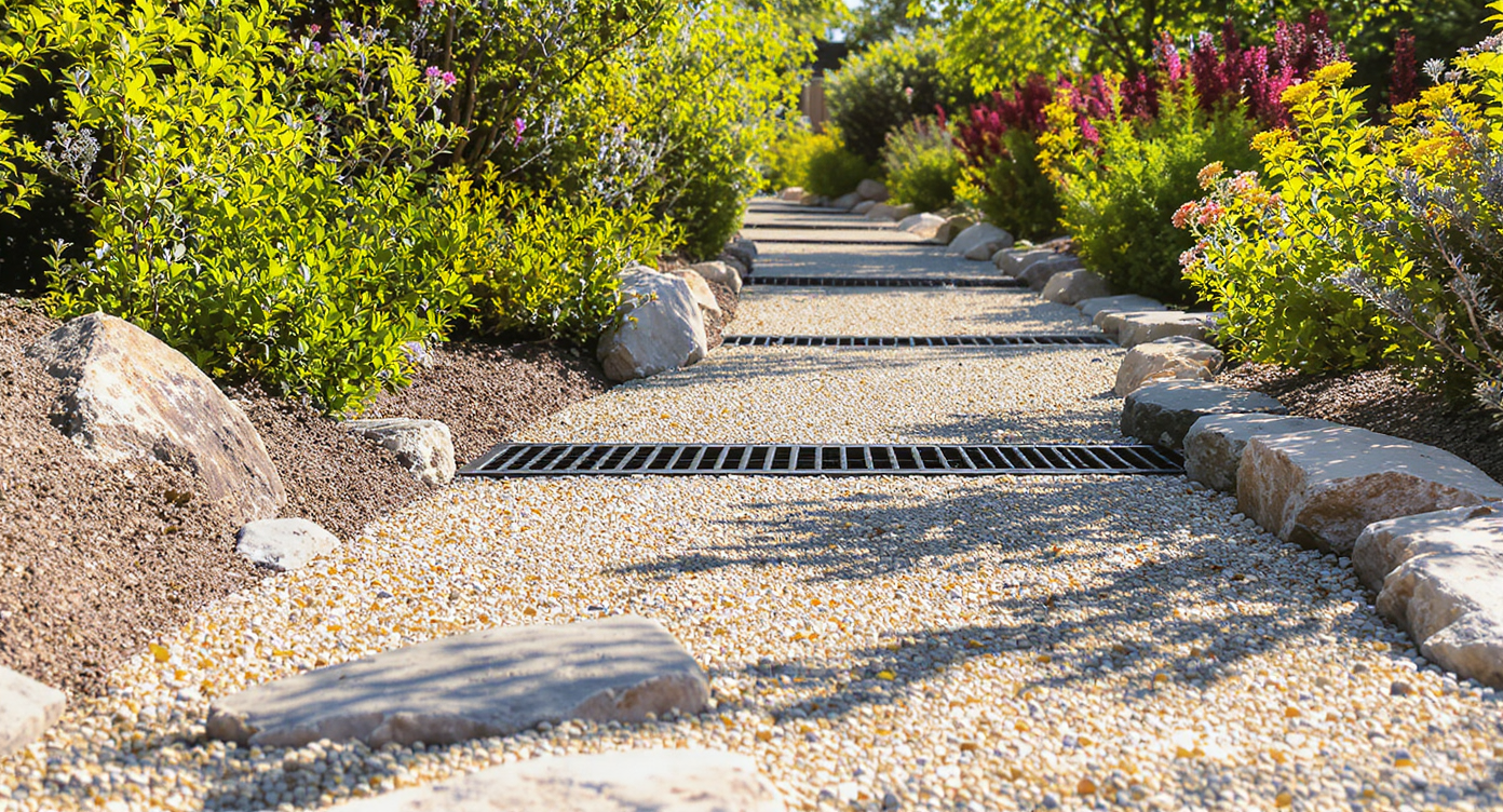 Garden path about 42 inches wide flanked by layered shrubs and flowers with visible drainage channel alongside.