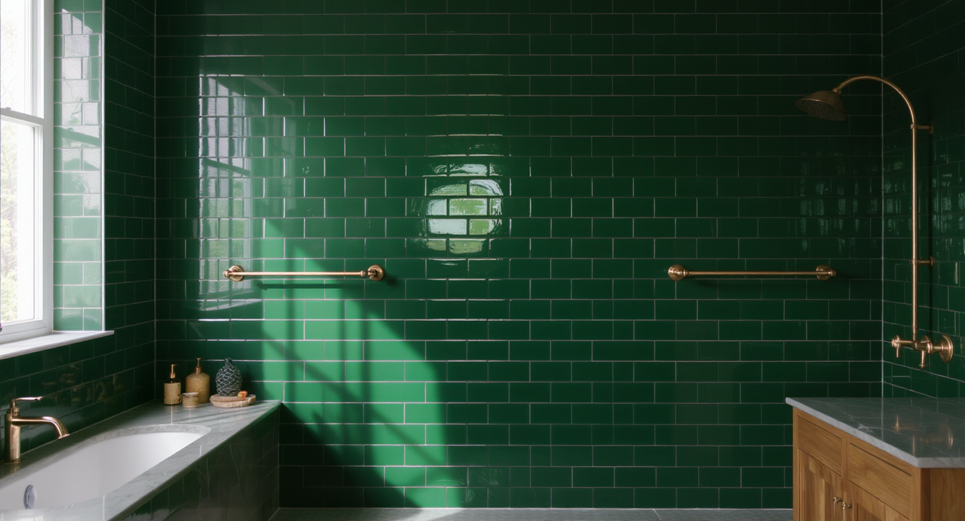 Bathroom with a single full-height dark green tile feature wall, warm brass fixtures, wood cabinetry, and soft natural light.
