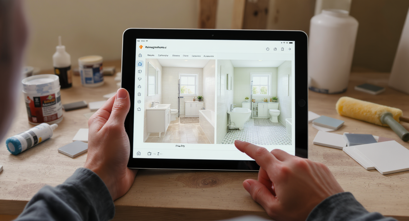 Person using tablet to preview bathroom tile colors and layouts with DIY materials scattered nearby in softly lit bathroom.