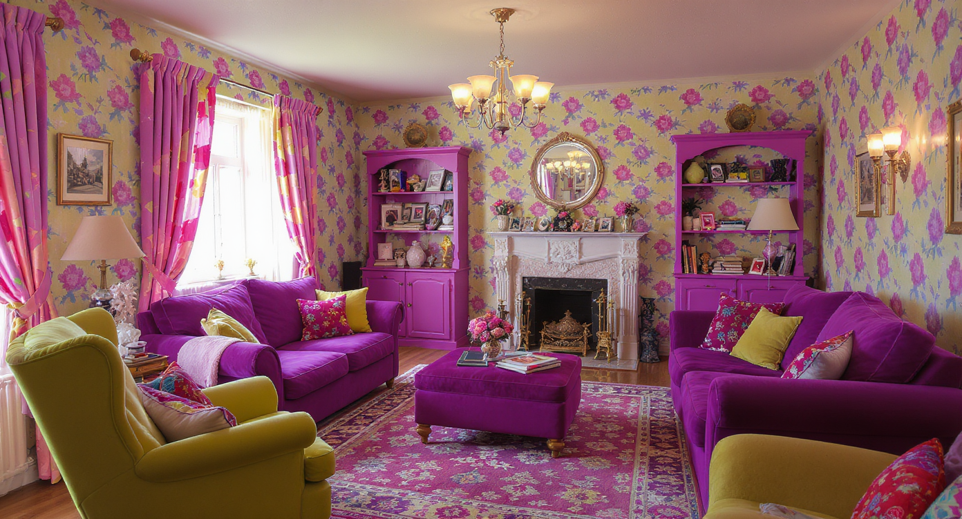 Overdecorated room with clashing pastel colors, floral wallpaper, bulky mismatched furniture, and cluttered shelves showing a dated look.