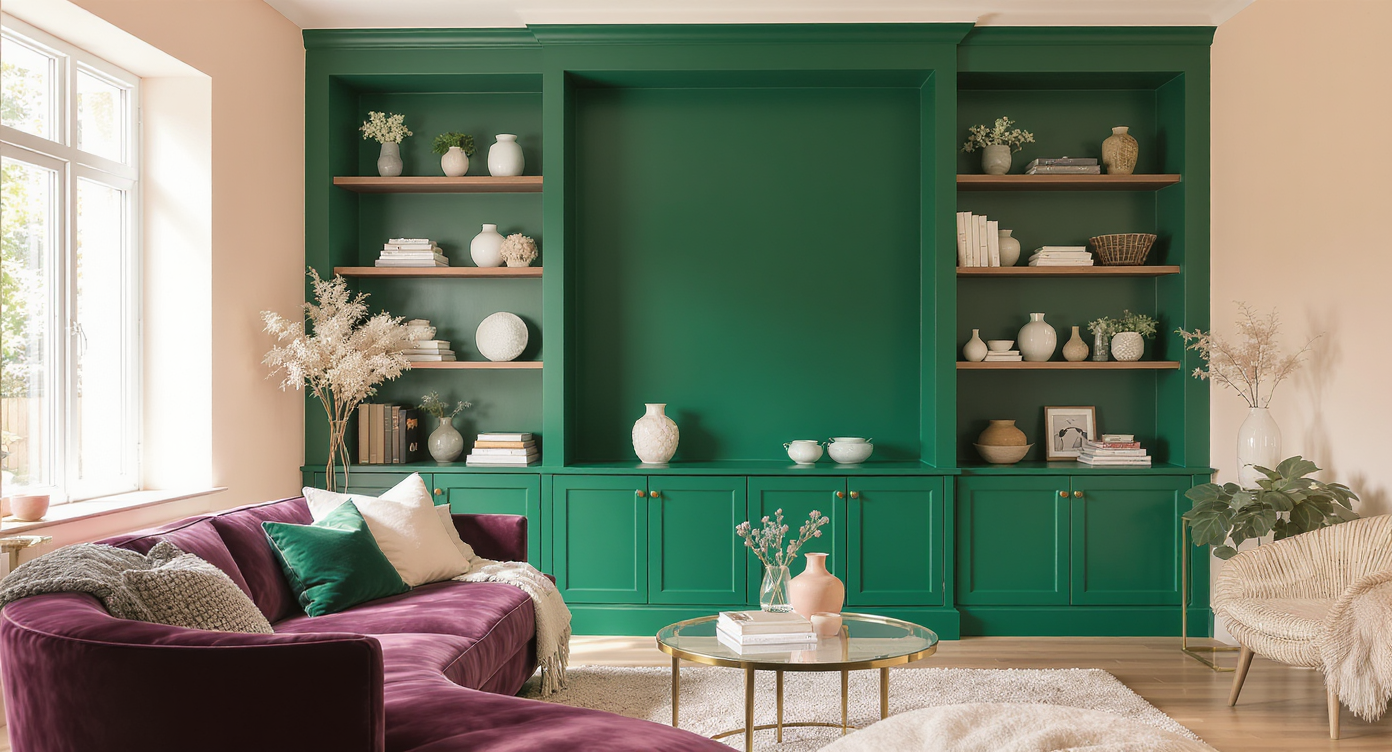 Elegant living room with emerald green built-in shelves, pale peach walls, plum velvet sofa, and tactile cushions under soft sunlight.
