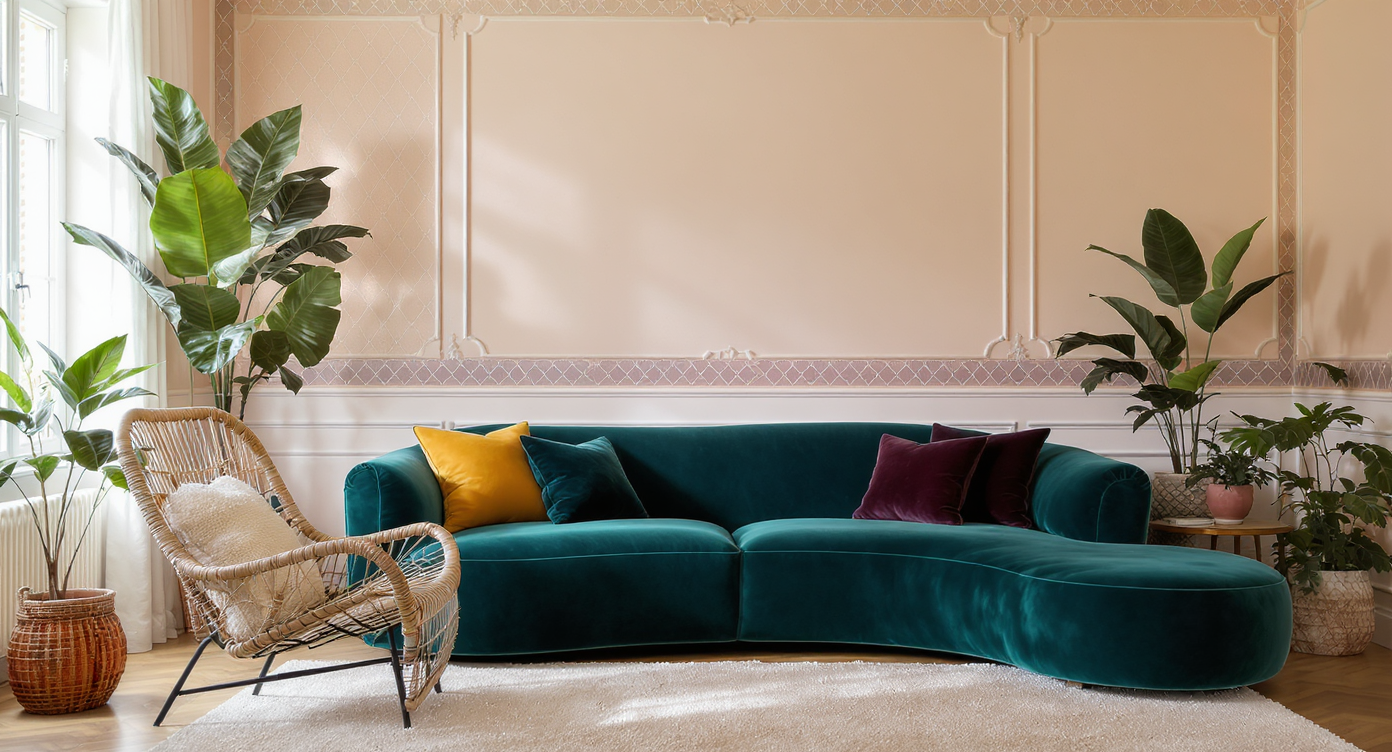 Contemporary living room with chunky teal velvet sofa, rattan armchair, wallpaper border, bouclé cushions, and plants.