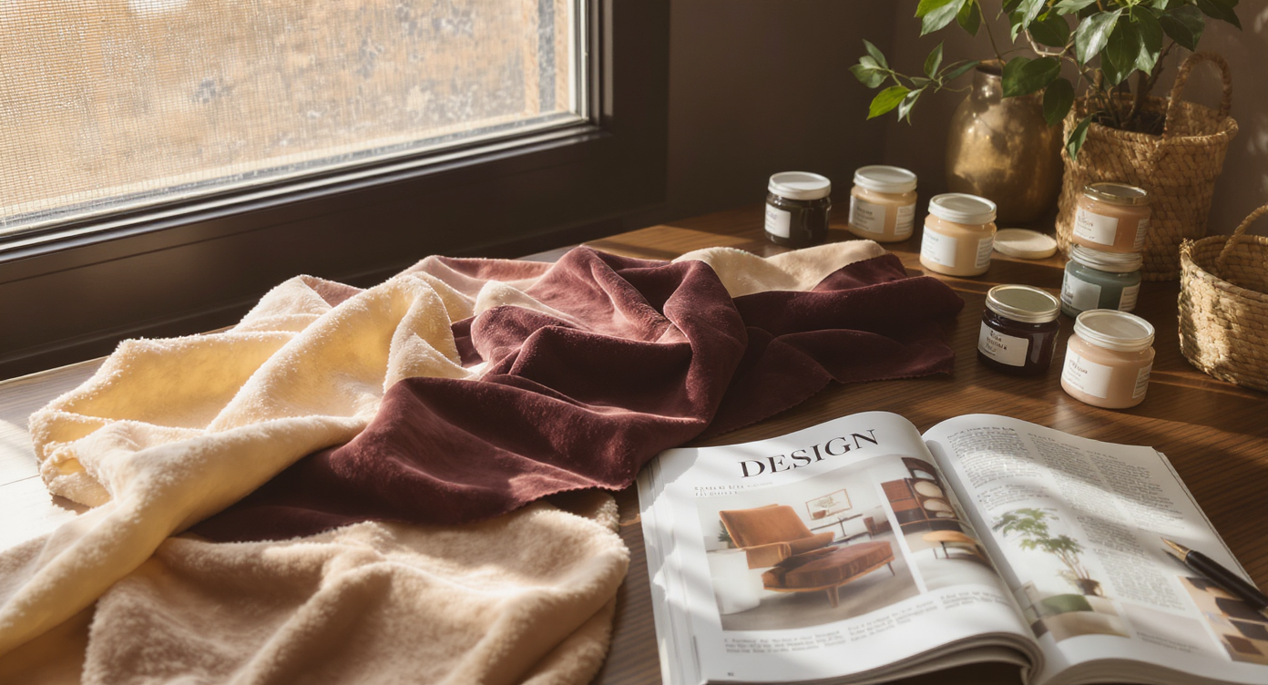 Well-lit design workspace with fabric swatches, jewel-tone paint samples, and '90s interior inspiration magazine on wooden desk.