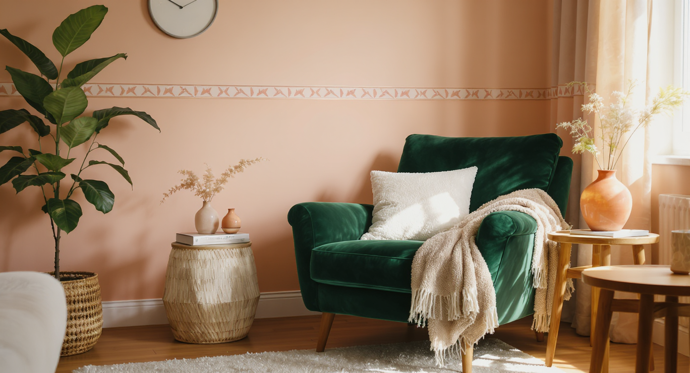 Cozy living room nook with deep green velvet armchair, pale peach wall, wallpaper border, rattan planter, and textured cushions.