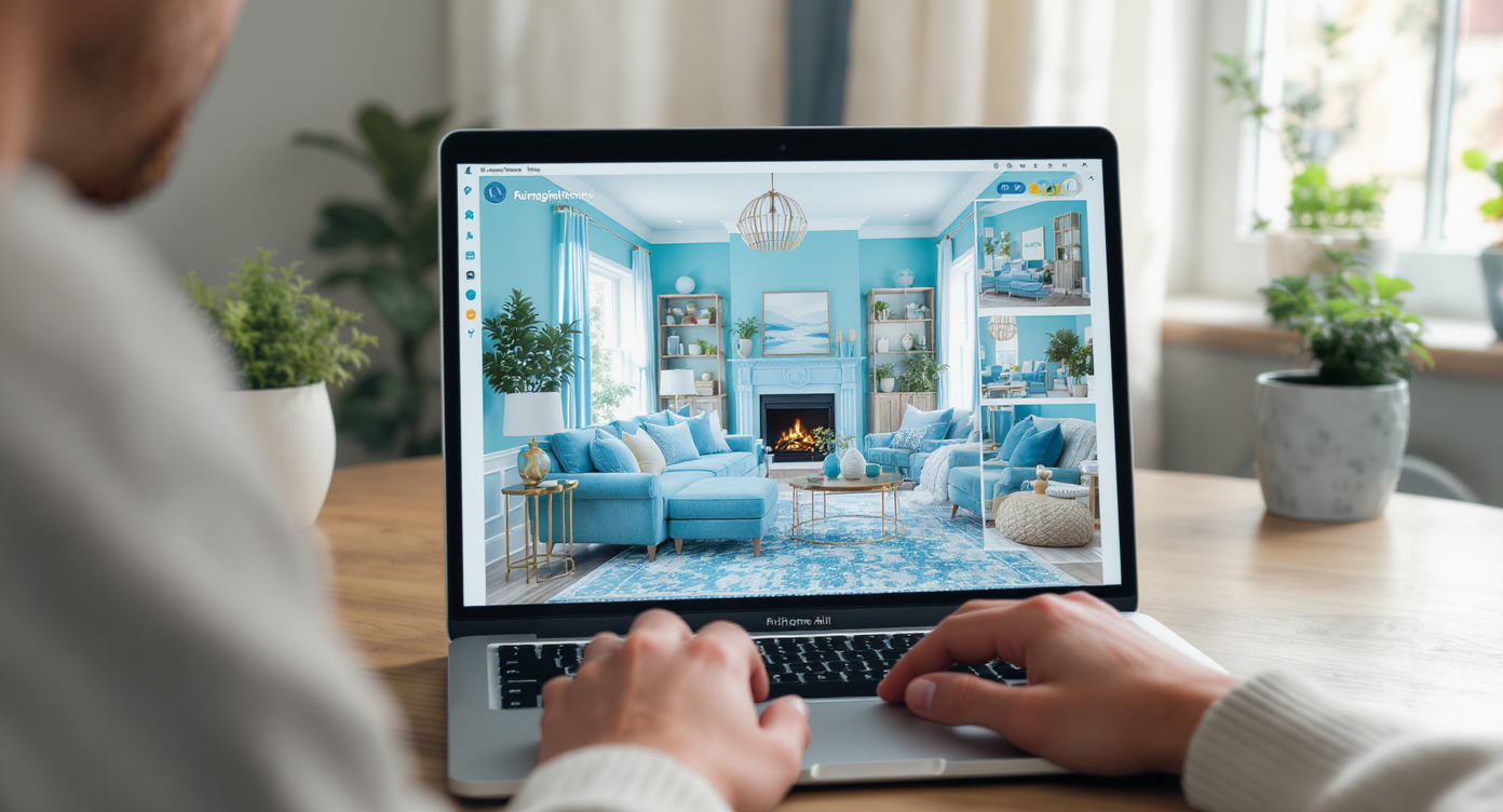 Home office with cerulean walls, wooden desk, laptop showing AI design options, and blue-accented decor under natural light.
