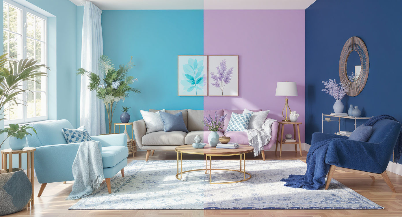 Living room with zones of cerulean wall, robin's egg chairs, wisteria drapes, and navy rug highlighted with wood and brass details.