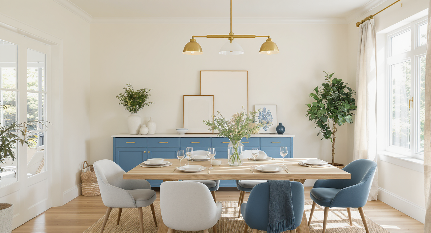 Dining area with cream walls, cerulean blue chairs and cabinets, brass lighting, wood table, and greenery in sunlight.