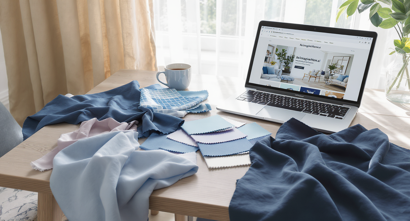 Designer workspace with blue color swatches, fabric samples, wood table, laptop showing design AI, and natural light from window.