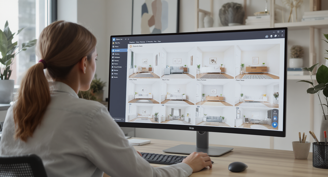 Designer using AI tool on monitor showing fast-generated paint variations for small rooms in a bright, modern office.