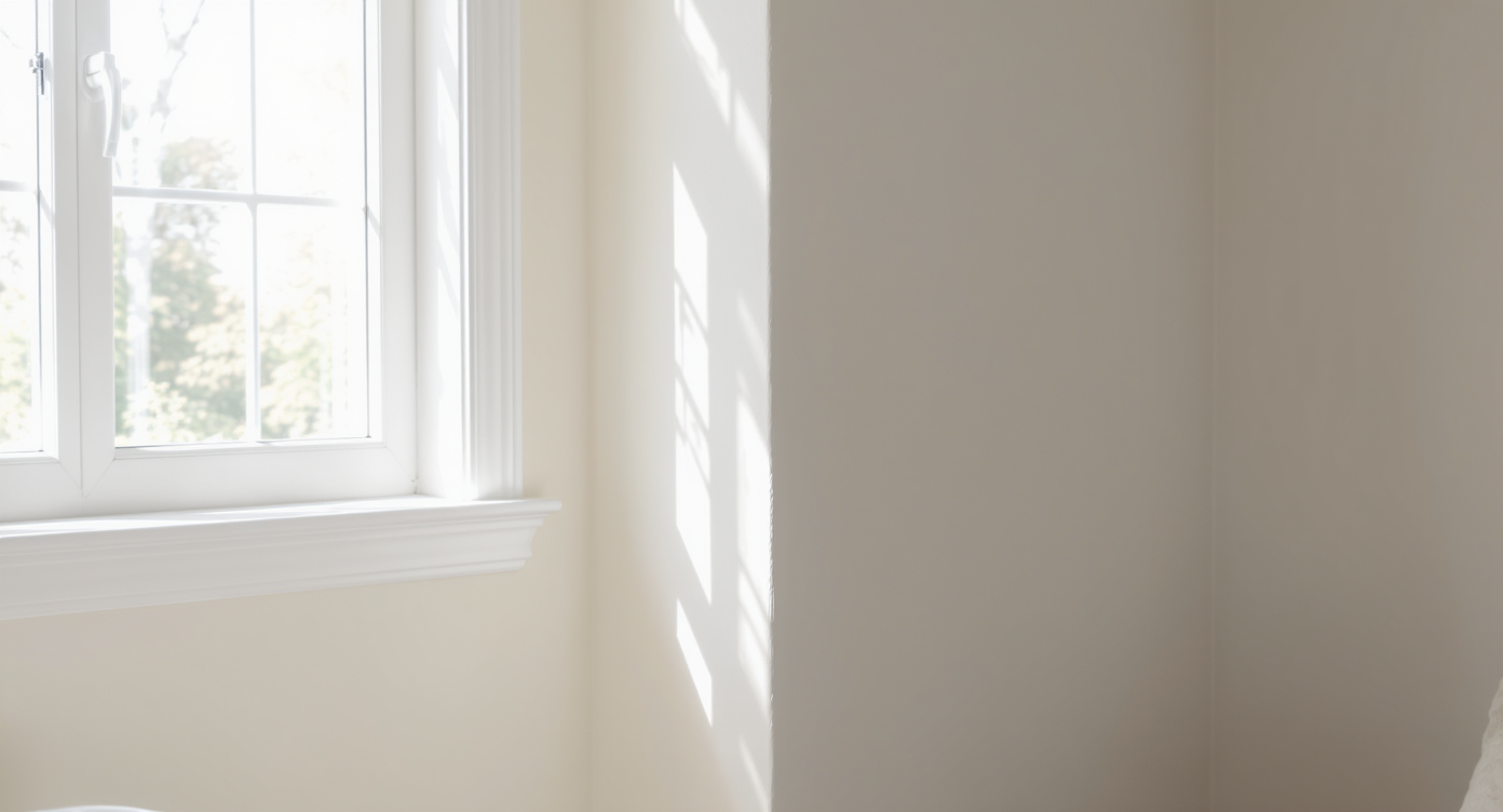 Corner of a living room with high LRV soft cream walls and trim, reflecting natural light softly with satin finish.