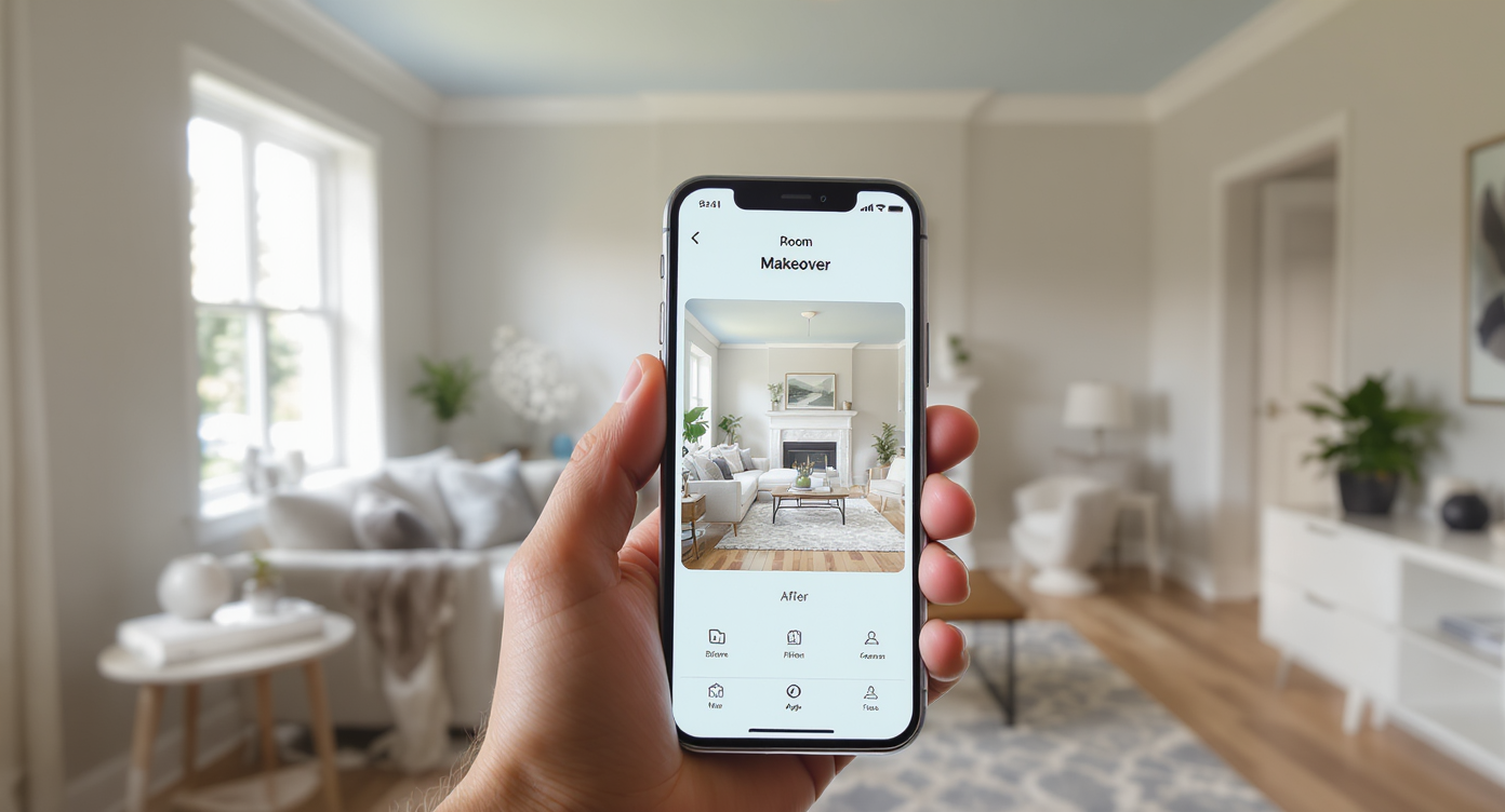 Person holds smartphone displaying AI room makeover in a small, neutral-toned living room with light wood floors and pale blue ceiling.