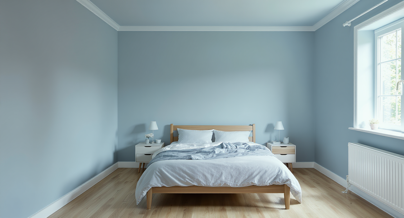 Small bedroom with misty blue walls, matching trim, and pale sky blue ceiling, furnished minimally and bathed in soft daylight.