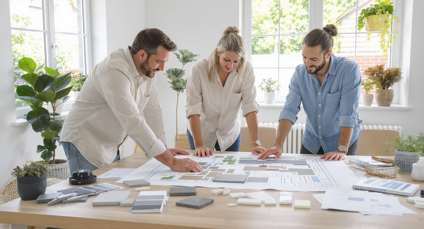 Architect, homeowner, and landscape designer collaborate over detailed hardscape plans and stone samples in a bright design studio.