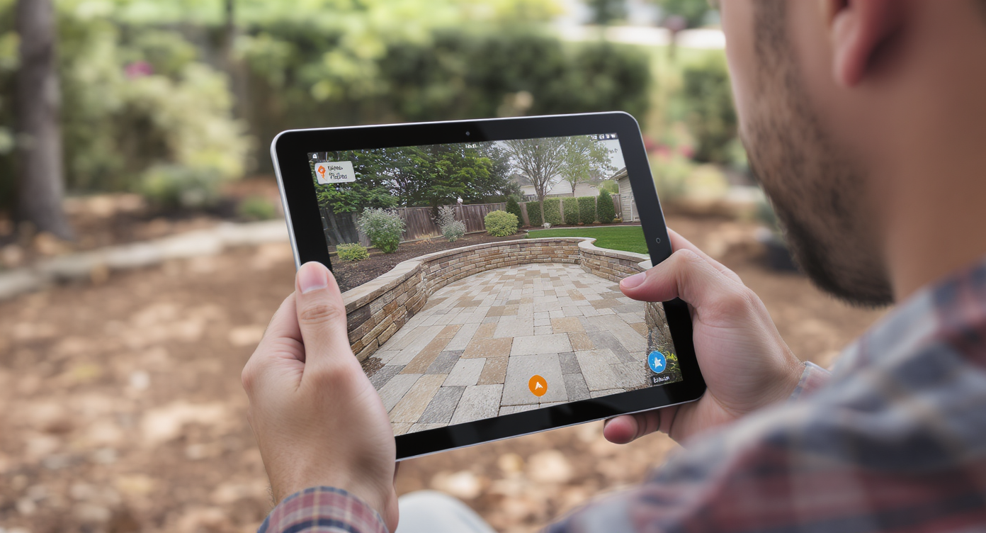 Homeowner outdoors using augmented reality on a tablet to visualize a stone paver patio and retaining wall overlay in a backyard under natural daylight.