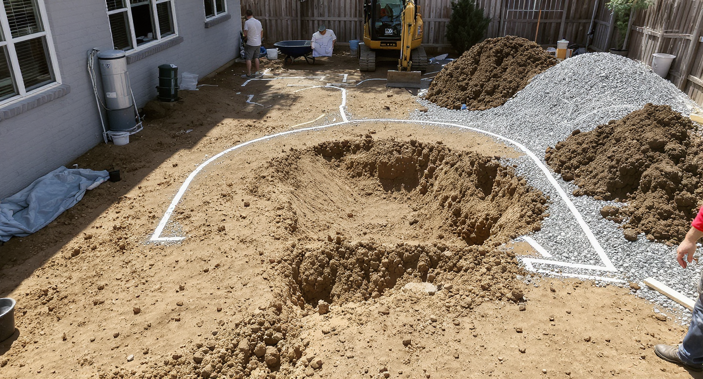 Backyard excavation in progress with soil mounds, gravel, mini excavator, and contractor discussing plans with homeowner under clear daylight.
