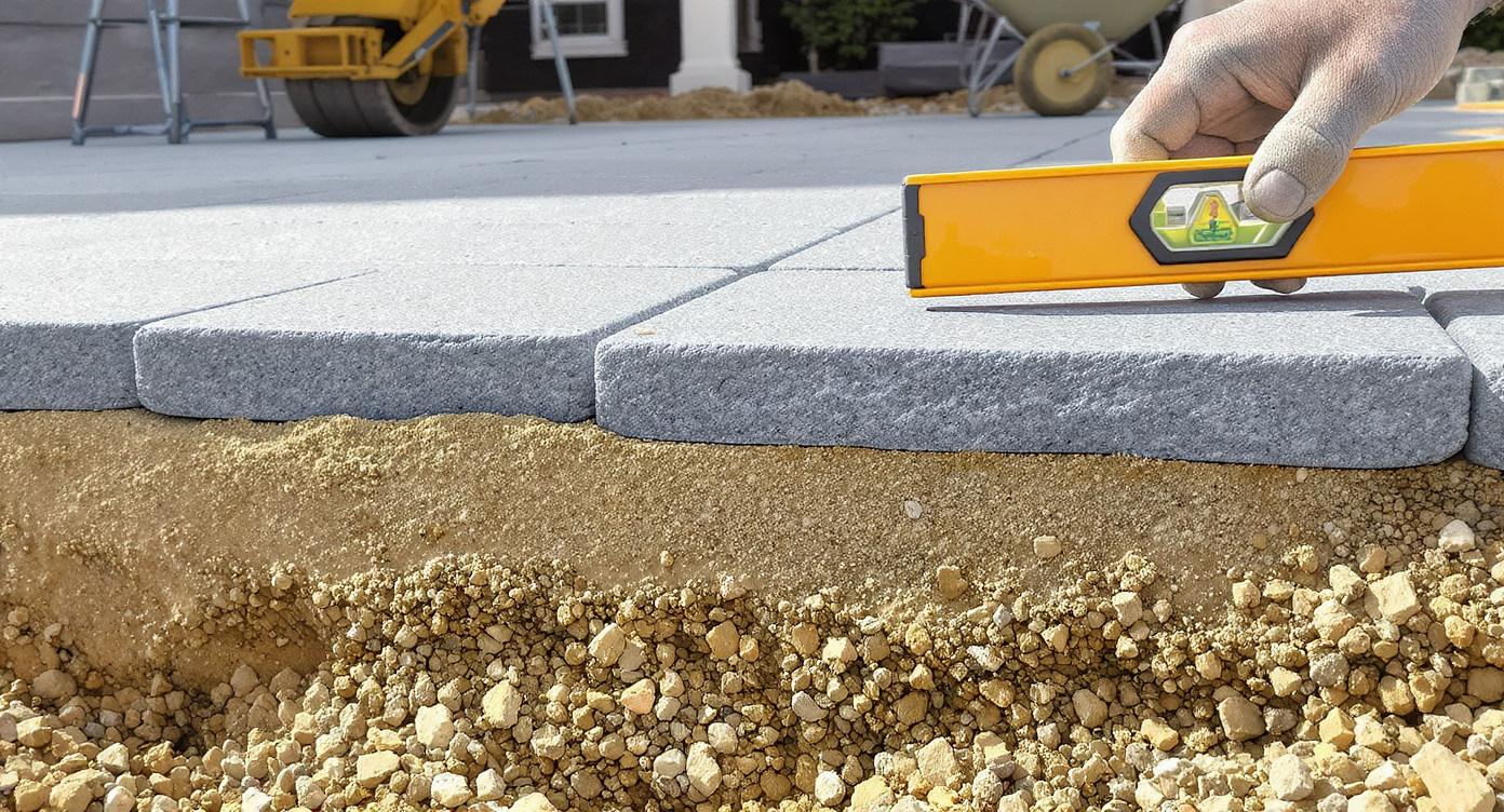 Close-up of layered paver patio construction showing gravel base, bedding sand, and partially laid pavers with a hand leveling them, amid construction tools outdoors.