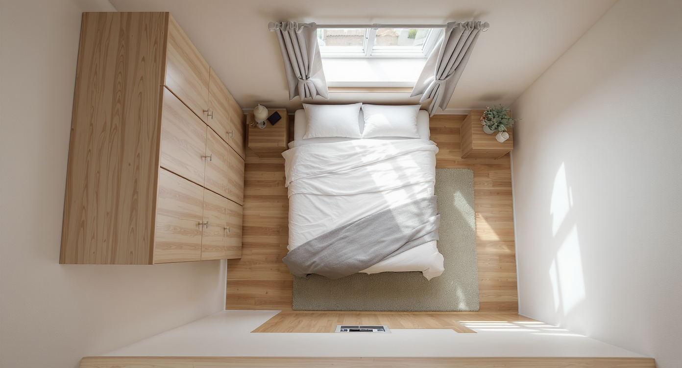Top-down view of a 90-square-foot bedroom showing space-efficient bed layout and built-in storage with ample circulation space.