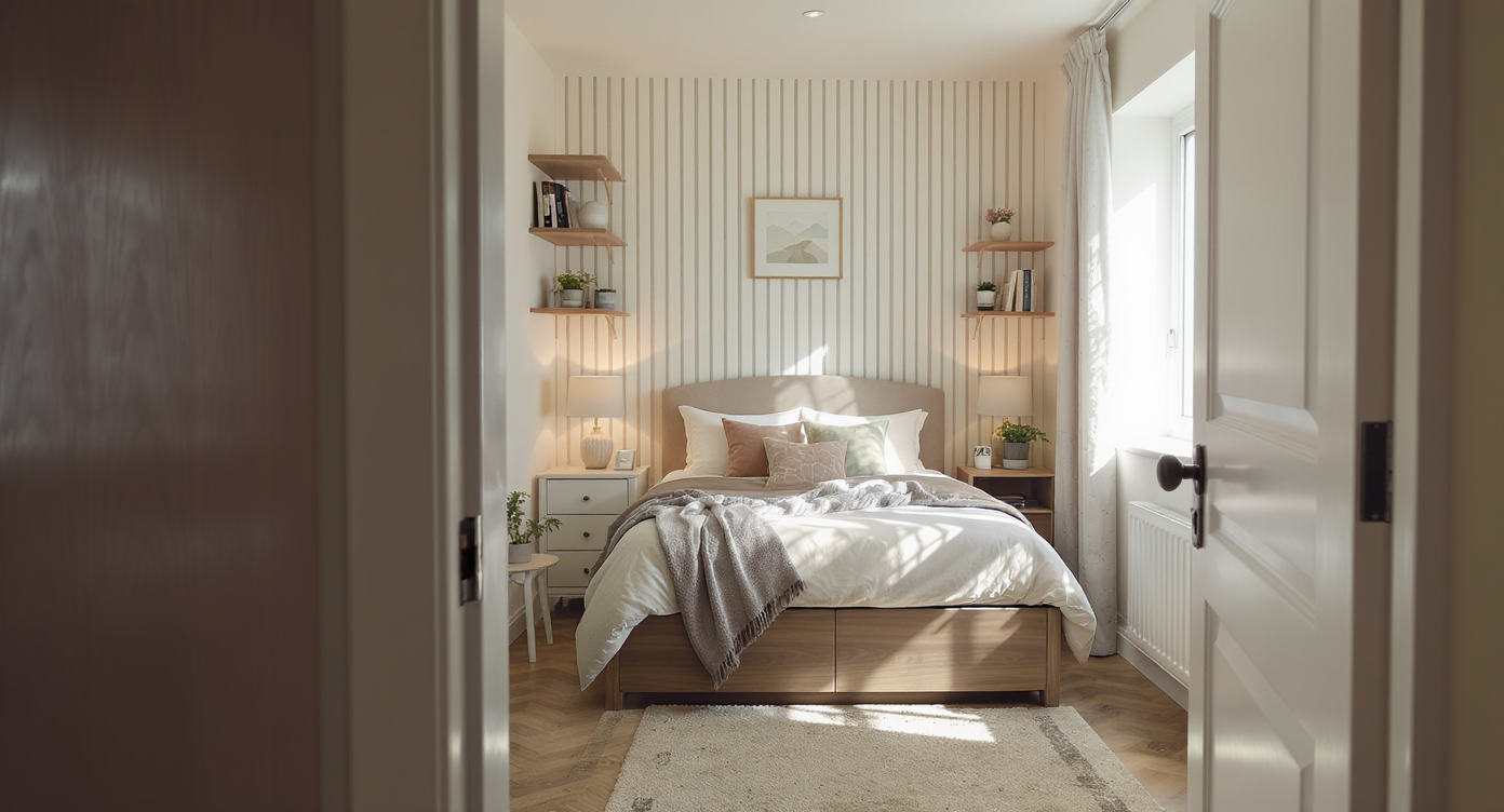 Cozy small bedroom with wall-mounted storage, vertical striped walls, layered warm lighting, and soft neutral tones under natural light.