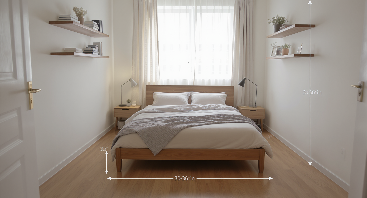 Small bedroom with queen bed surrounded by 30–36 inches of clear circulation space and slim furniture in warm light.